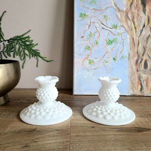 Set of 2 vintage Fenton hobnails milk glass candleholders/candlesticks.